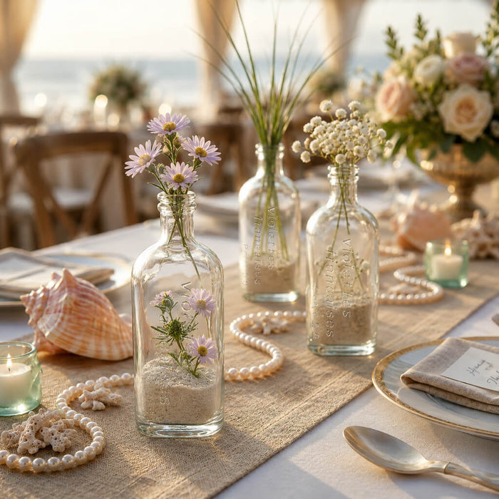 Effie Bud Vase set with flowers and sand for a beach wedding table