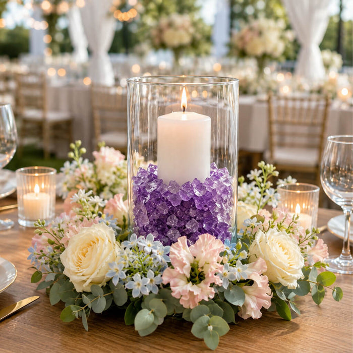 Purple Glass Pebble Vase Filler with candle in event centerpiece