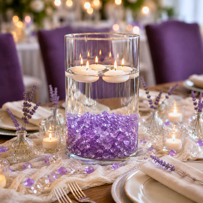Purple Glass Pebble Vase Filler in floating candle centerpiece