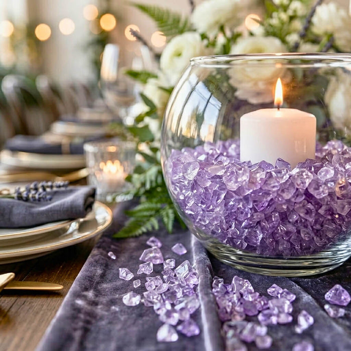 Purple Glass Pebble Vase Filler with candle in bowl