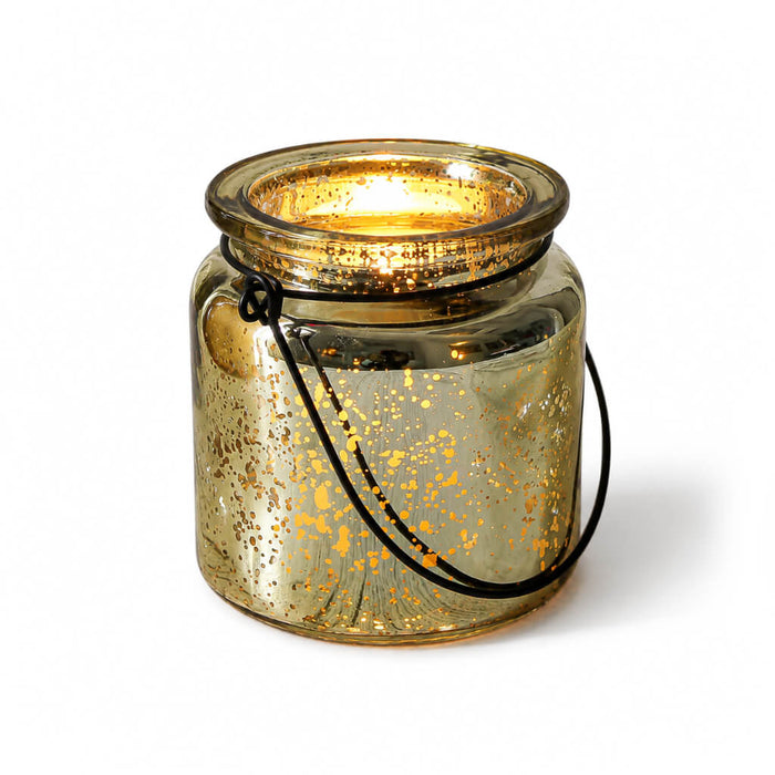Metallic gold mercury hanging candle holder with glowing light on white background