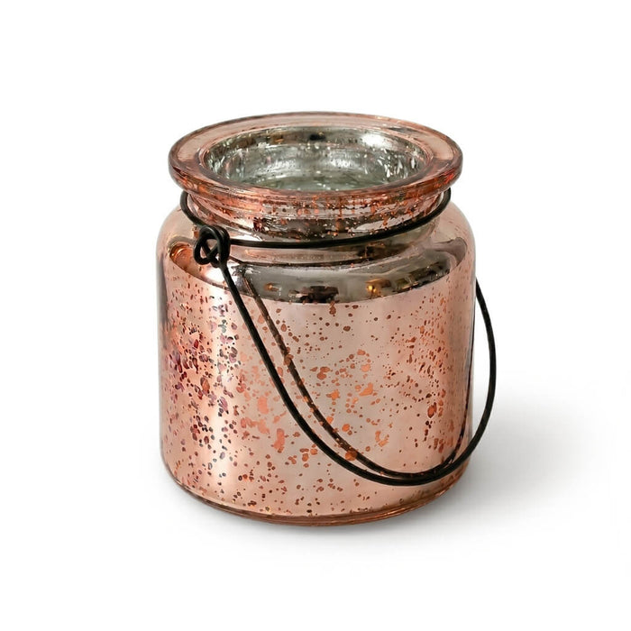 Rose gold mercury hanging candle holder on white background