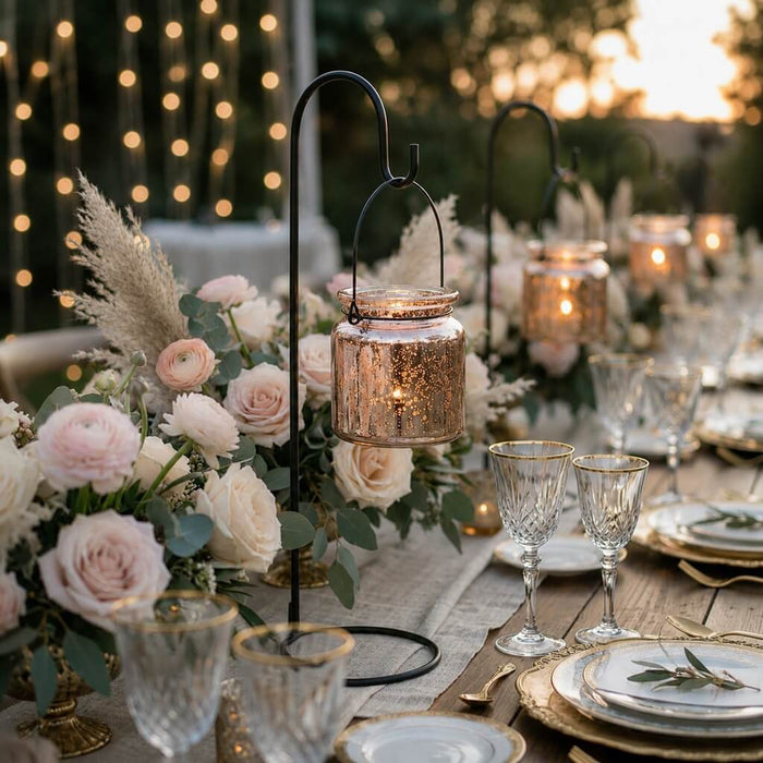 Rose gold hanging candle holders with blush floral decor on an elegant outdoor table
