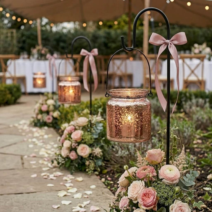 Rose gold hanging candle holders with pink floral decor along an outdoor wedding aisle