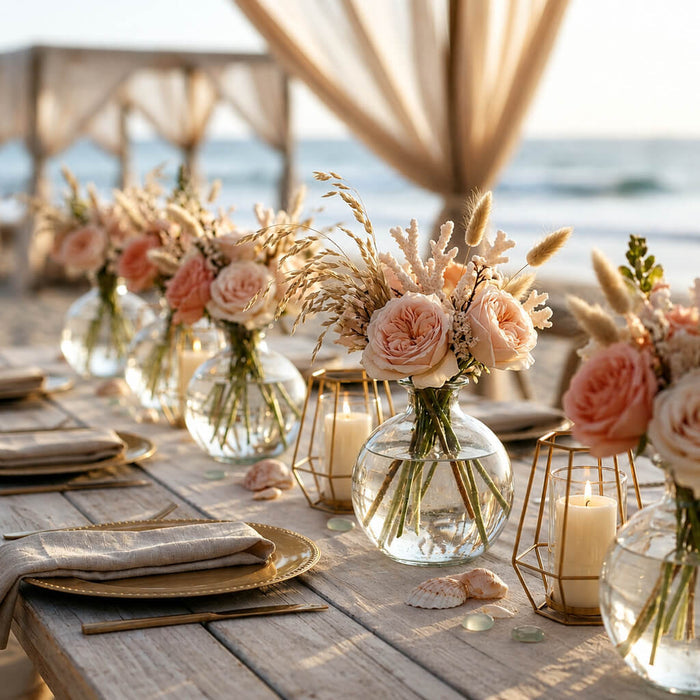 Jolie Vase with pastel floral arrangements on a beach wedding table