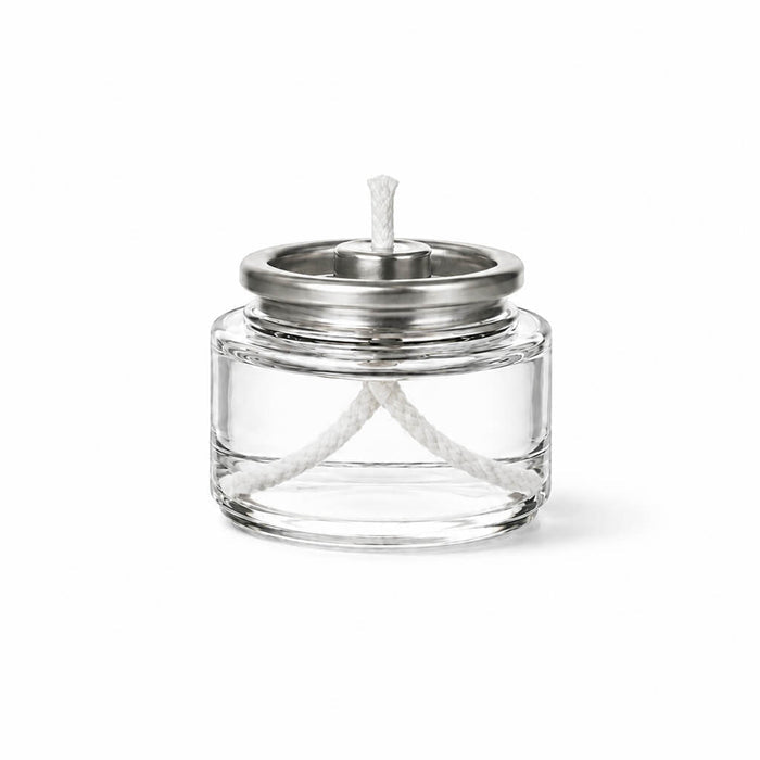 Unlit Liquid Paraffin Fuel Cell in clear glass container with white wick and silver top
