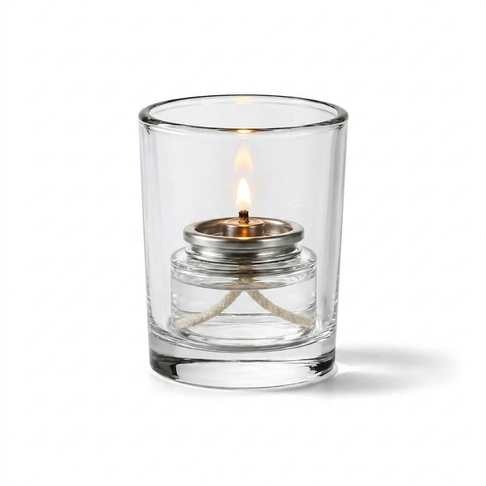 Lit Liquid Paraffin Fuel Cell inside clear glass hurricane holder on white background