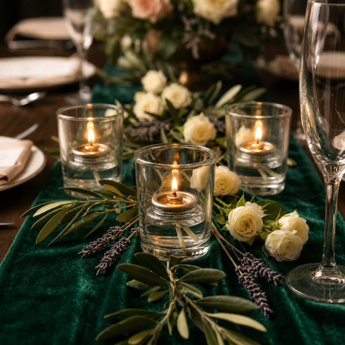 Lit fuel cell candles with greenery and white rose table centerpiece