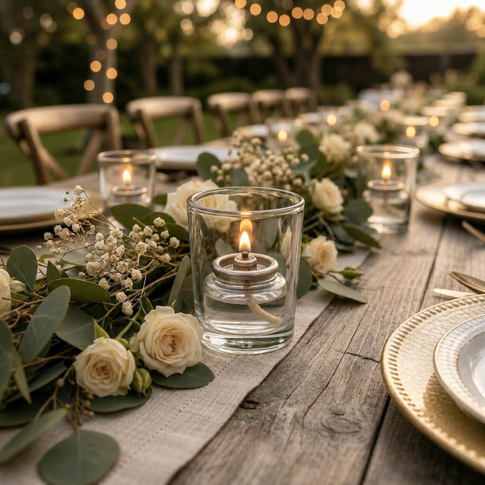 Clear glass fuel cell candle in a clear holder on an outdoor romantic tablescape