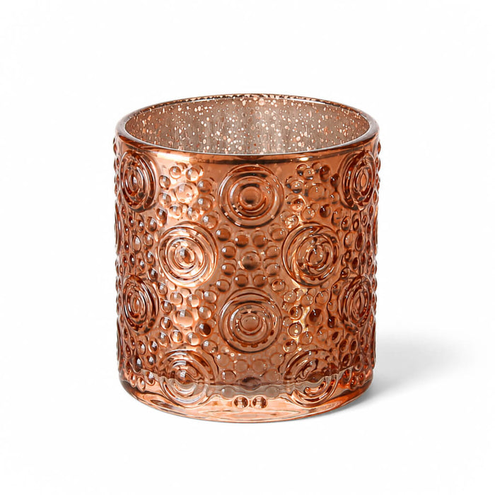 Rose gold mercury glass candle holder on white background