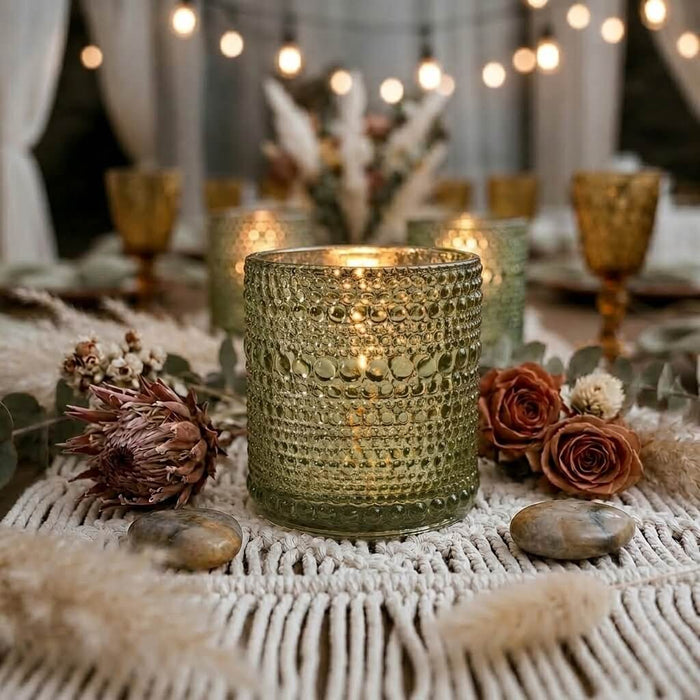 Pearly metallic gold mercury candle holder with warm boho floral table decor