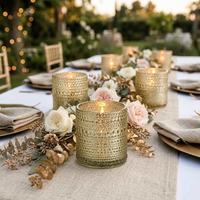 Pearly metallic gold mercury candle holders on an elegant outdoor dining table