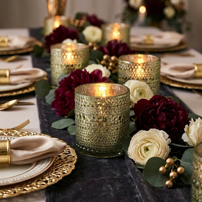 Pearly metallic gold mercury candle holders with elegant floral dining table decor