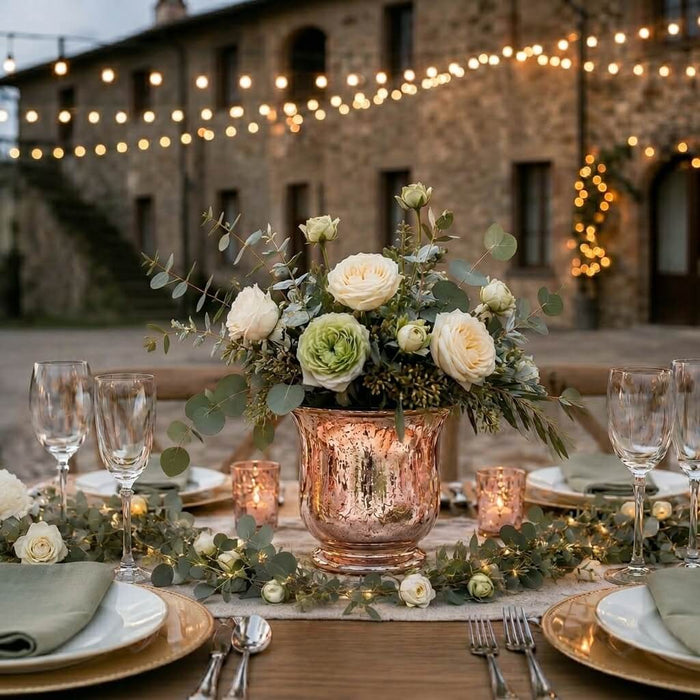 Mercury Venus Jar Rose Gold with a floral arrangement on a tablescape