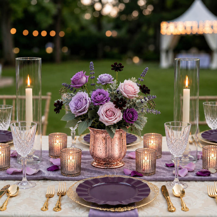 Mercury Venus Jar Rose Gold with purple roses on an outdoor tablescape
