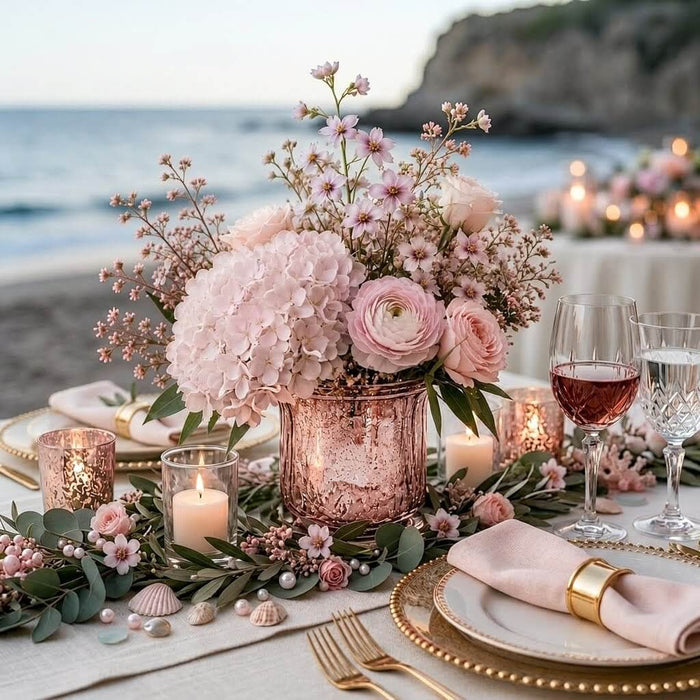 Mercury Venus Jar Rose Gold with pink flowers on a coastal tablescape