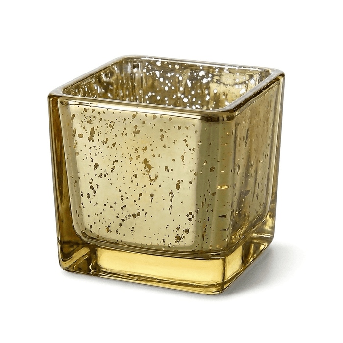 Metallic gold mercury square votive holder on white background
