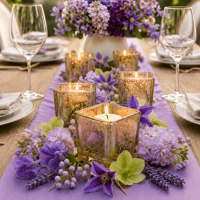 Metallic gold mercury square votive holders with purple floral table centerpiece decor