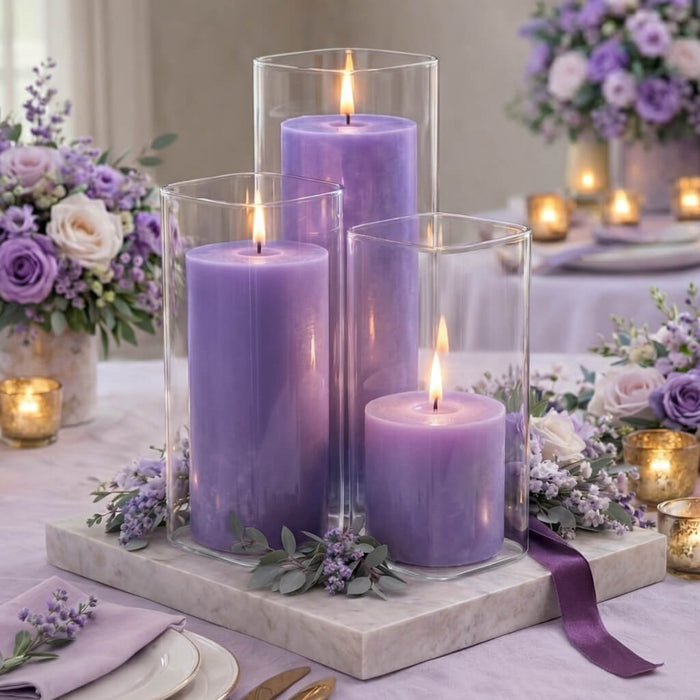 Richland Pillar Candles 3"x3", 3"x6" & 3"x9" Lavender Set of 12