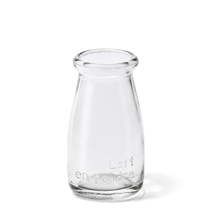 Rhea Bud Vase with a classic milk bottle shape and Lait en poudre embossed text