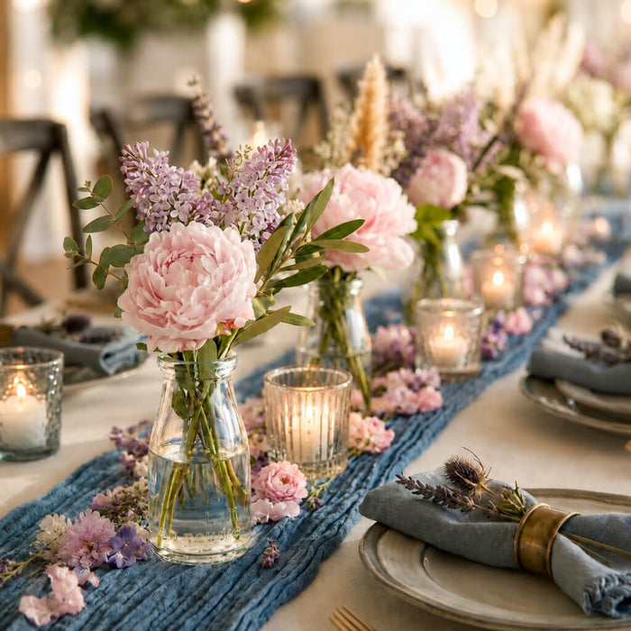 Rhea Bud Vase with pink peonies and purple flowers on a table with a blue runner