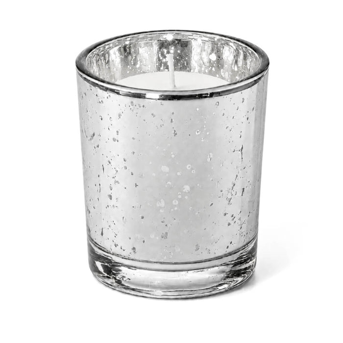 A Silver Mercury Votive Holder with unlit candle on a white backdrop