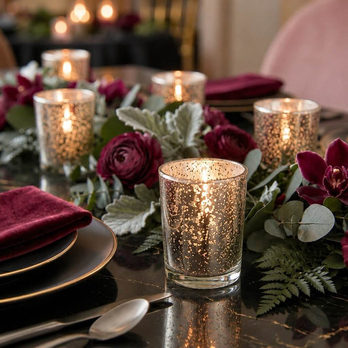 Silver Mercury Votive Holders with lit candles on a dark table runner with burgundy flowers
