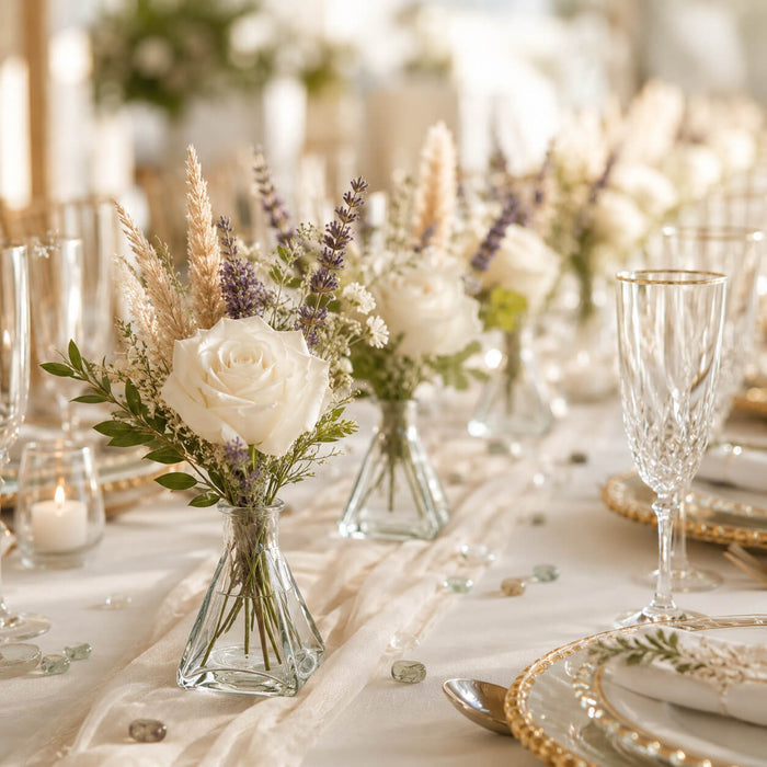 Tempe Bud Vase holding white roses and dried flowers on a wedding table