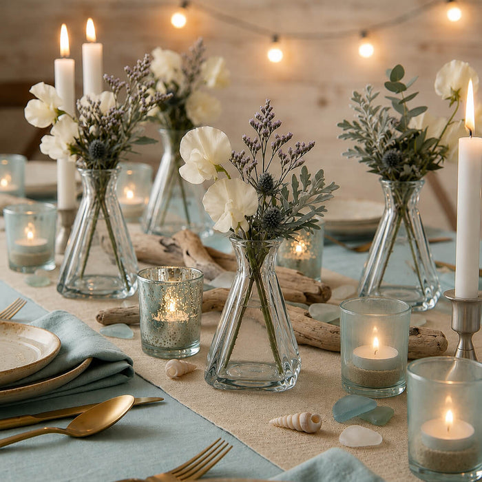Tempe Bud Vase set of three holding floral arrangements on a coastal-themed table