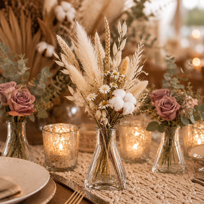 Tempe Bud Vase set of three styled with pampas grass, dried flowers, and roses on a table