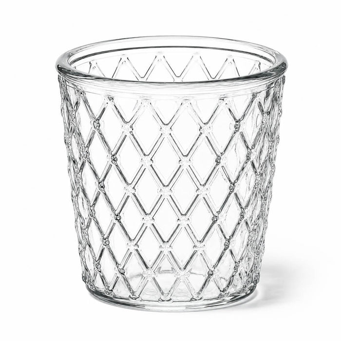 A patterned clear glass Tipper Vase & Candle Holder showing a distinct diamond grid look