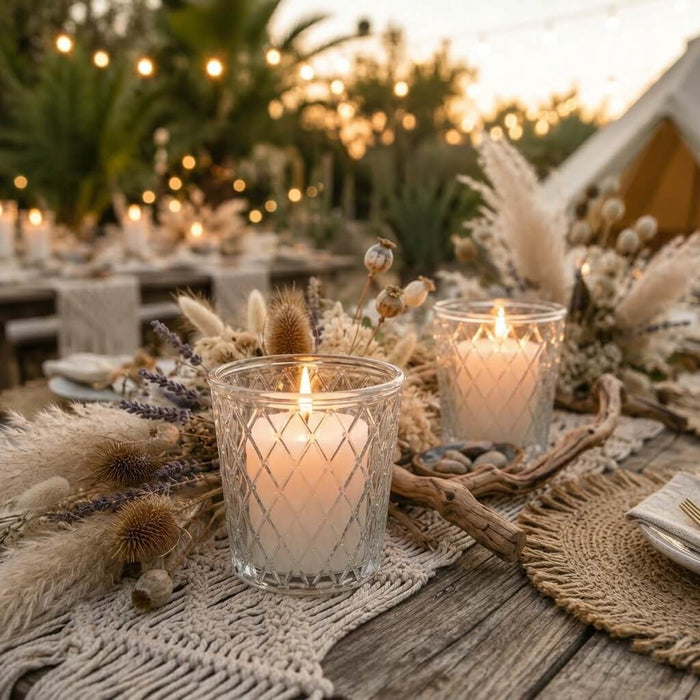 Lit white candles in tipper glass votive holders on a boho macrame tablescape