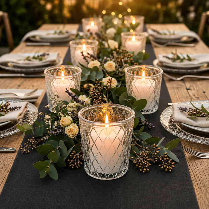 Tipper Vase & Candle Holders casting a warm glow down an upscale outdoor dinner tablescape