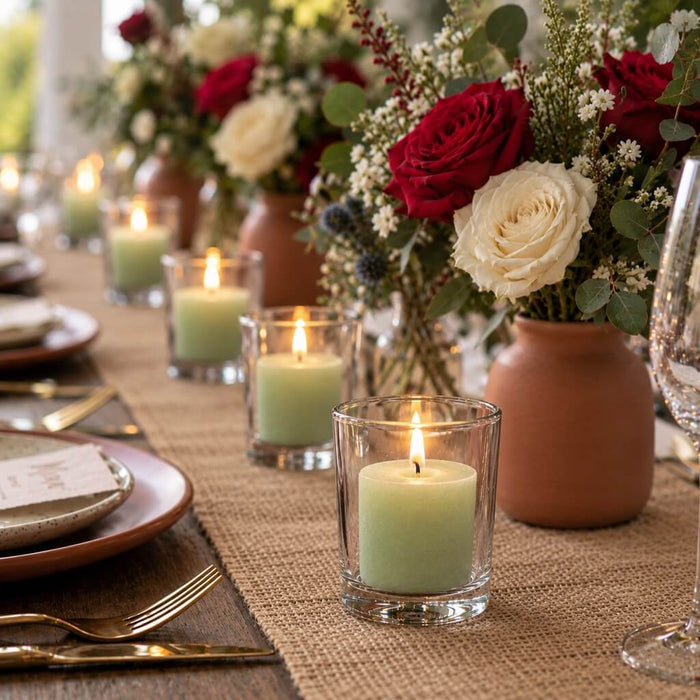 Green votive candles in clear glass holders lined up on a rustic tablescape with floral centerpieces