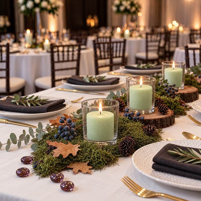 Green votive candles in clear glass holders on a banquet table styled with moss, leaves, and berries