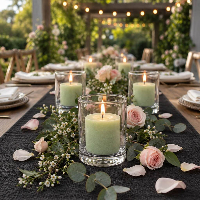 Lit green votive candles in glass holders on an outdoor table runner with pink roses and greenery