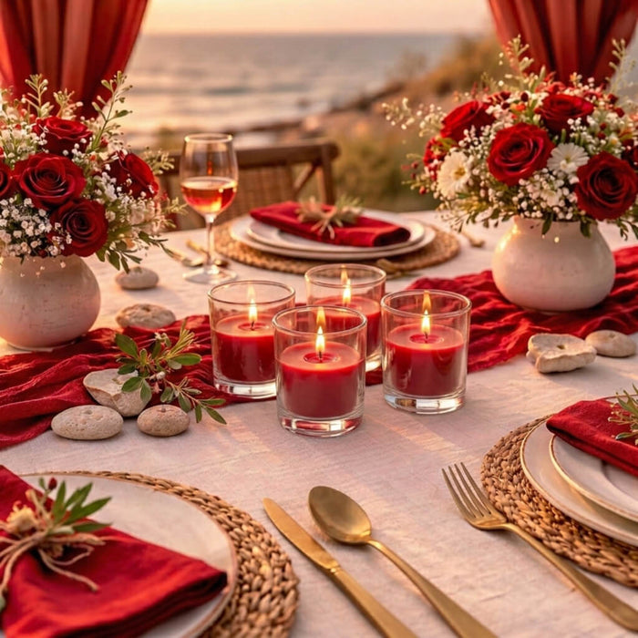 Red candles and floral centerpieces on a romantic beachside dinner table setting