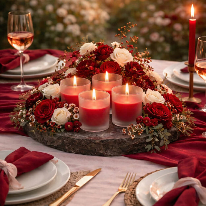 Red candles and roses arranged on a stone platter for a romantic dinner setting