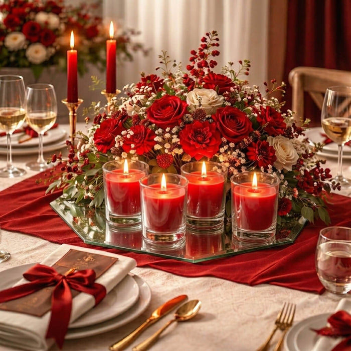 Four red candles in glass holders on a mirrored tray with roses for a romantic table setting