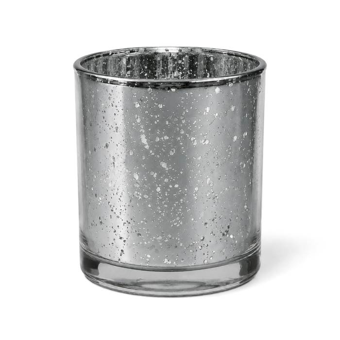 Silver mercury glass candle holder with speckled finish on white background