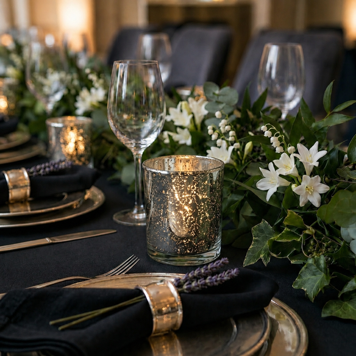 Elegant black table setting with white flowers, greenery, and glowing candle holders