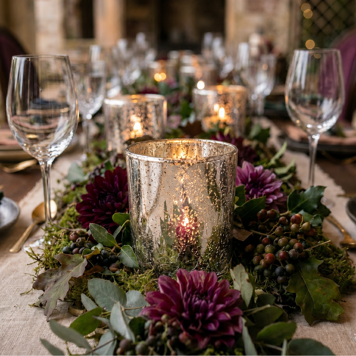 Mercury glass candle holders with purple flowers on an elegant rustic dinner table