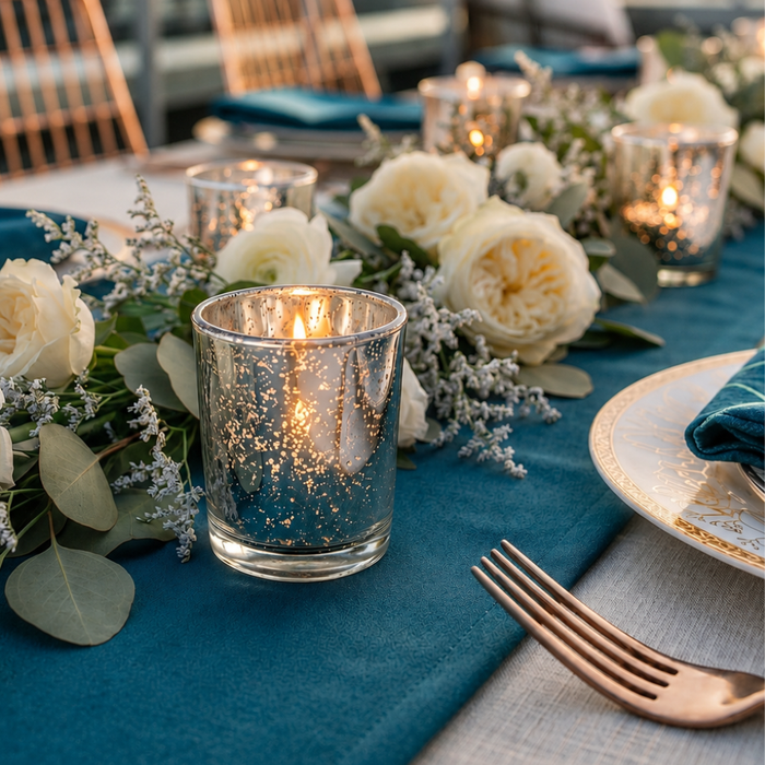 Silver glass candle holders with white roses on an elegant blue table setting