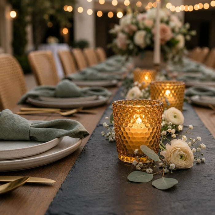 Amber hobnail votive candles on elegant floral dinner table with warm string lights