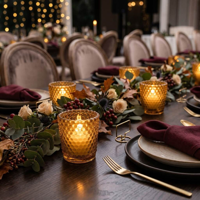 Amber hobnail votive candles on elegant fall-themed dinner table centerpiece