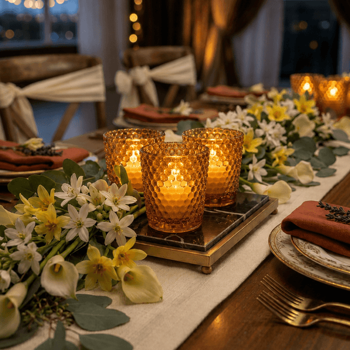 Amber hobnail votive holders on floral dinner table centerpiece with warm glow