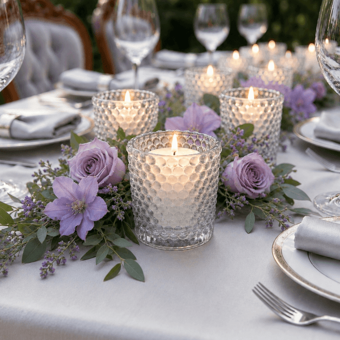 Clear hobnail glass votive holders on a tablescape with lavender flowers