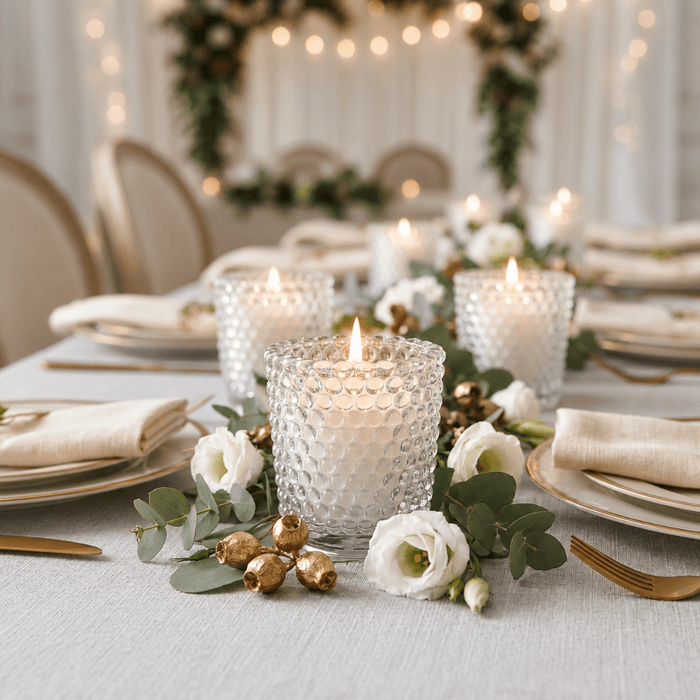 Clear hobnail glass votive holders on a tablescape with eucalyptus, white flowers, and gold accents