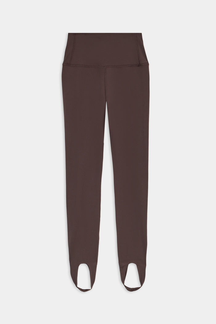 The SPLITS59 River High Waist Airweight Stirrup leggings in Dark Chocolate, crafted from soft Airweight fabric, are displayed flat on a white background.