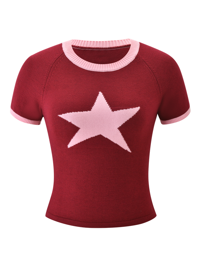 The TIGERMIST ROUX TOP - RED is a short-sleeved, fitted knit top with light pink trim on the collar and sleeves, accented by a large asymmetrical light pink star on the chest.